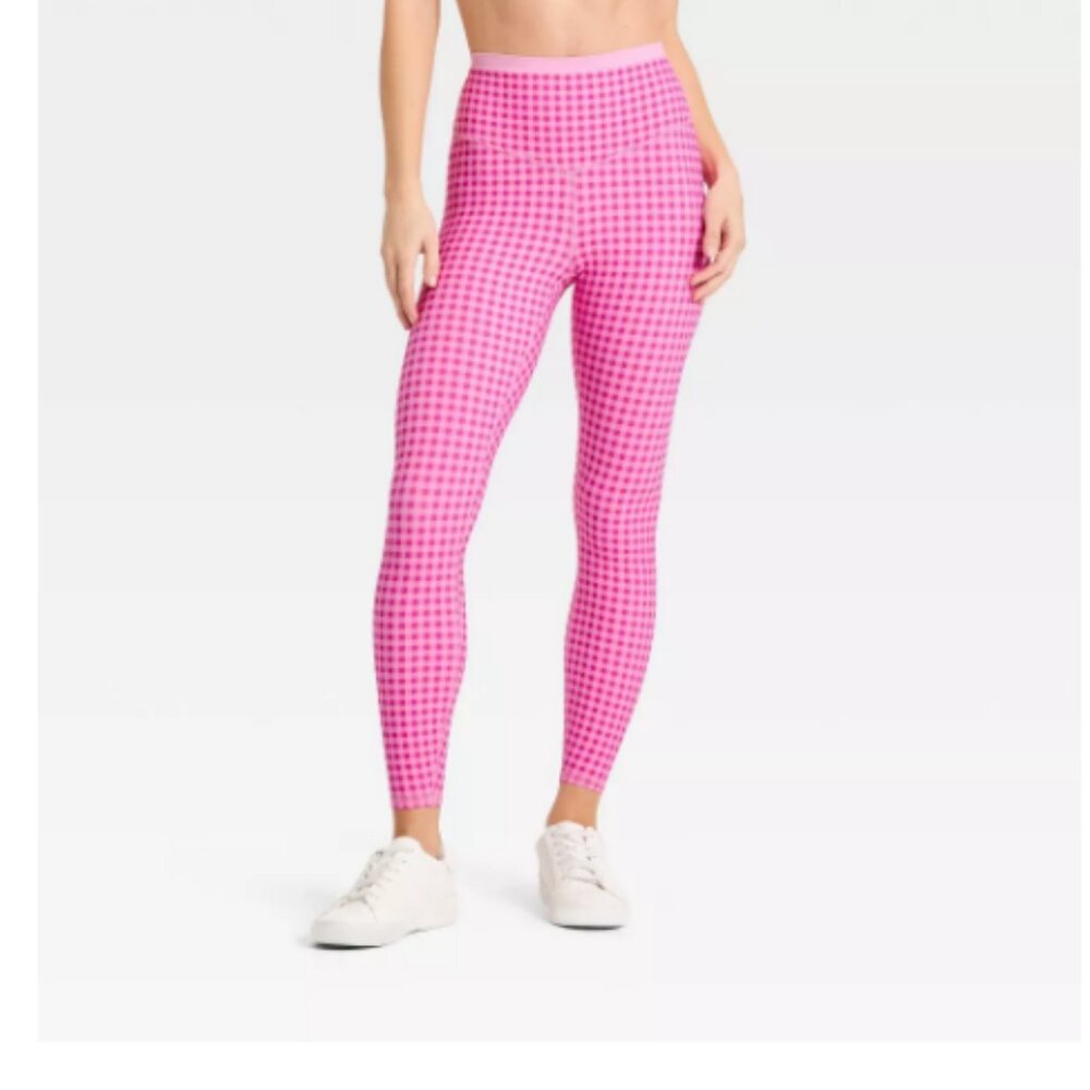 Women's High-Rise Piped 7/8 Leggings - JoyLab   Pink Gingham  Medium